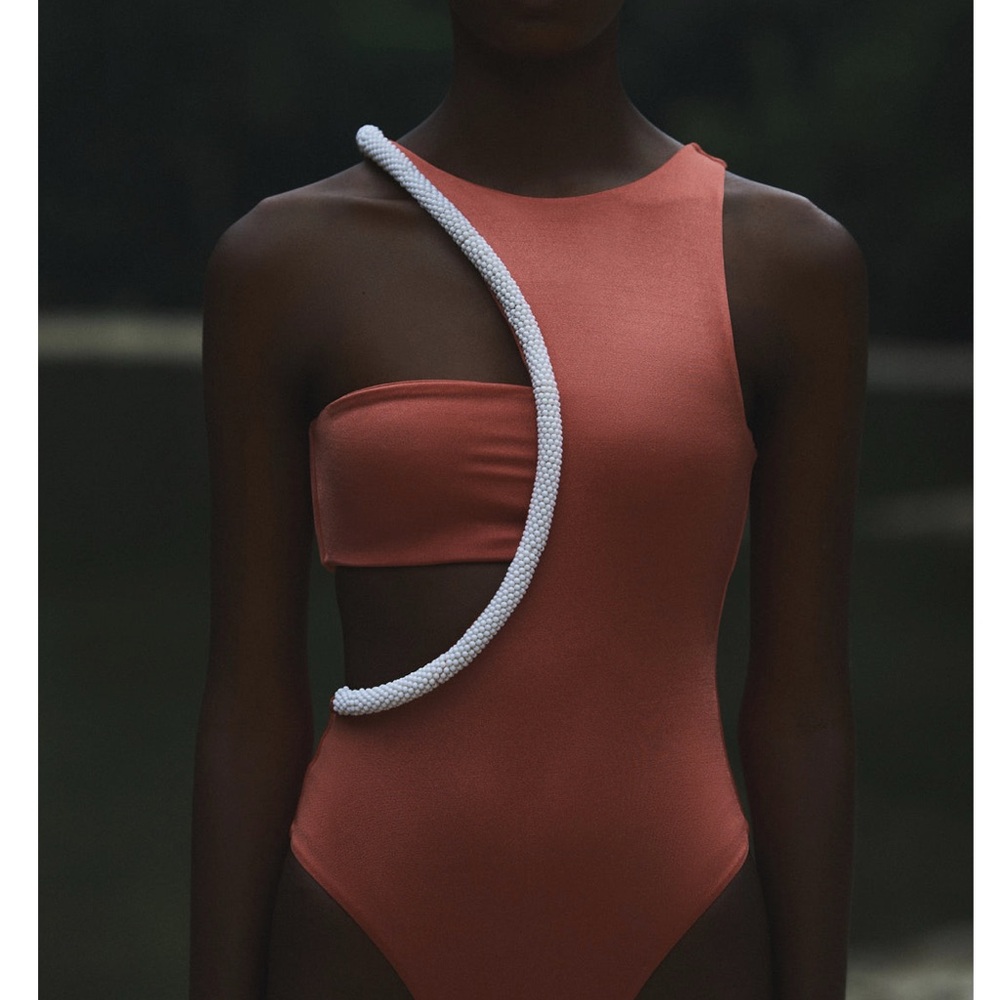 Stylish Asymmetrical Swimsuit in Coral and White